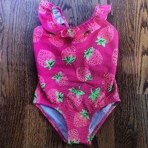 Girls' Pink Strawberry Print One-Piece Swimsuit